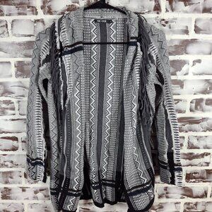 Nic Zoe Small Open Front Cardigan Sweater Grey Black Aztec Fringe Boho